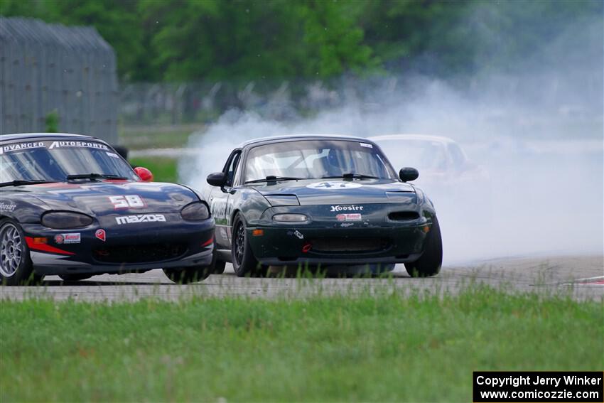 Sam Nogosek's Spec Miata Mazda Miata loses its engine after the finish line.