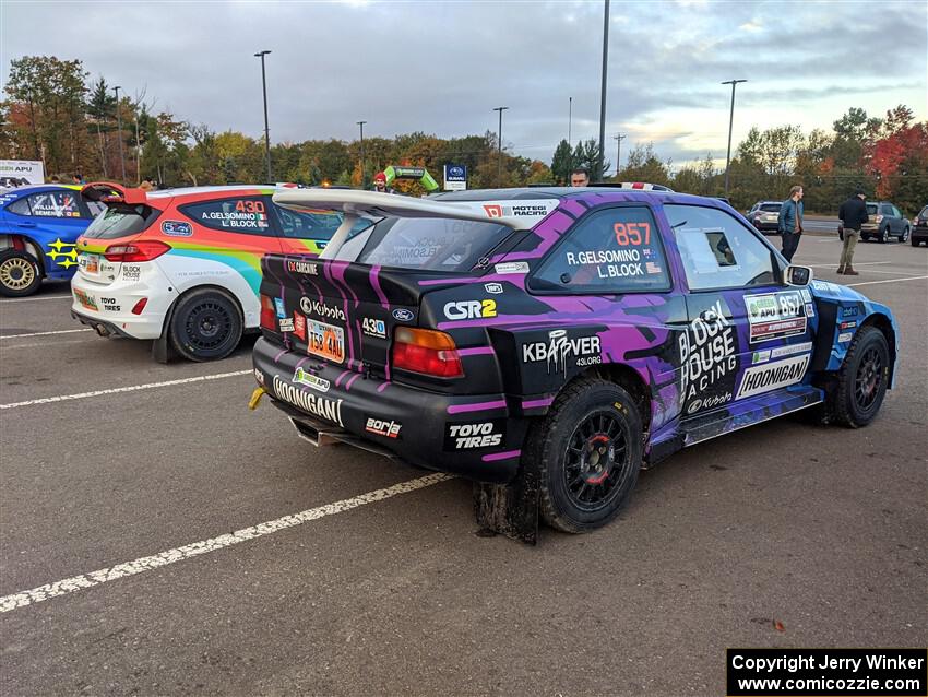 Lia Block / Rhianon Gelsomino Ford Escort Cosworth RS and Lucy Block / Alex Gelsomino Ford Fiesta Rally3 at parc expose.