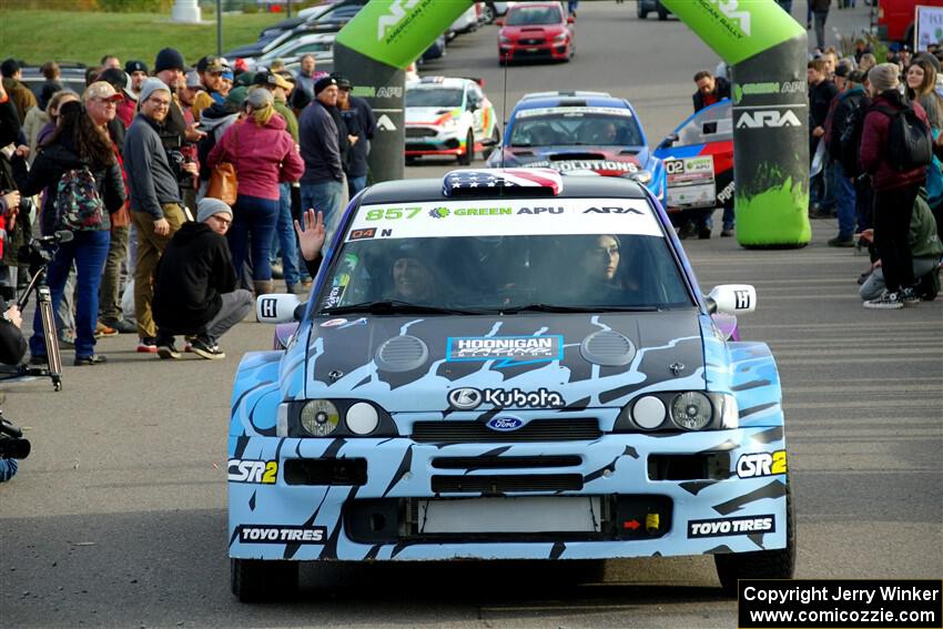 Lia Block / Rhianon Gelsomino Ford Escort Cosworth RS leaves the ceremonial start.