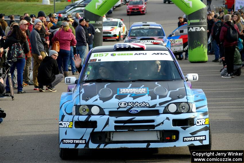 Lia Block / Rhianon Gelsomino Ford Escort Cosworth RS leaves the ceremonial start.