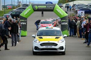 Al Kaumeheiwa / Cindy Krolikowski Ford Fiesta Rally3 leaves the ceremonial start.