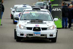 Pete Schaefer / Kevin Dobrowolski Subaru Impreza 2.5i leaves the ceremonial start.