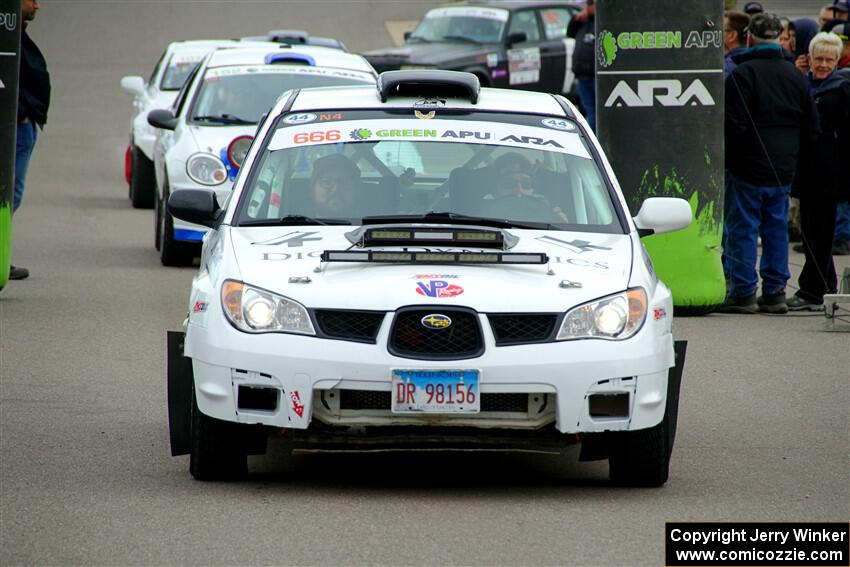 Pete Schaefer / Kevin Dobrowolski Subaru Impreza 2.5i leaves the ceremonial start.