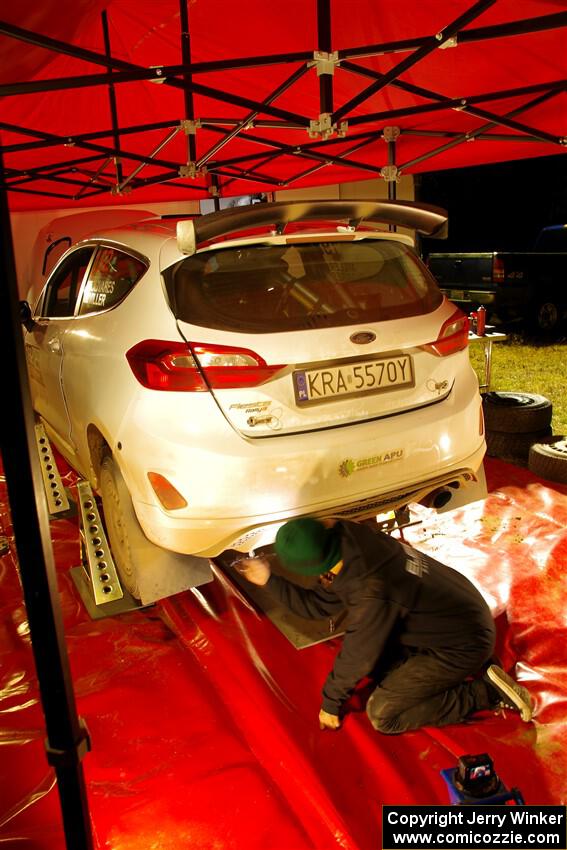 Javier Olivares / K.J. Miller Ford Fiesta Rally3 at Sidnaw service after day one.