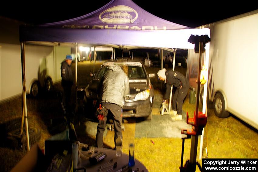 Scott Crouch / Ryan Scott Subaru WRX at Sidnaw service after day one.