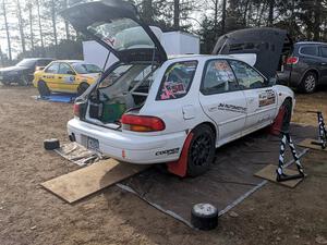 Aidan Hicks / John Hicks Subaru Impreza Wagon and Steve Gingras / Katie Gingras Subaru Impreza before the event.