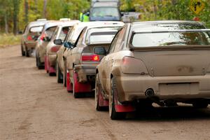 The lineup to the start of SS16, Mount Marquette, with John Farrow / Michael Farrow Subaru WRX at the end.