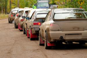 The lineup to the start of SS16, Mount Marquette, with John Farrow / Michael Farrow Subaru WRX at the end.