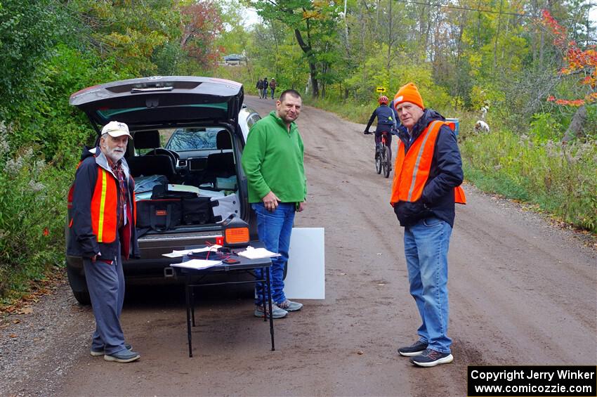 Jimmy Brandt and others work a check-in control for SS16, Mount Marquette.