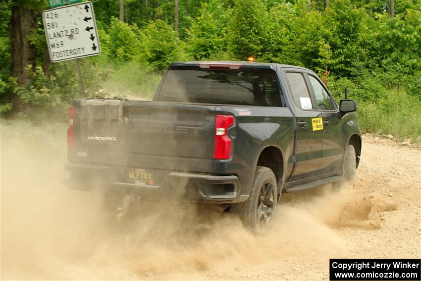 A Chevy Silverado pickup sweeps SS2, Skunk Creek.