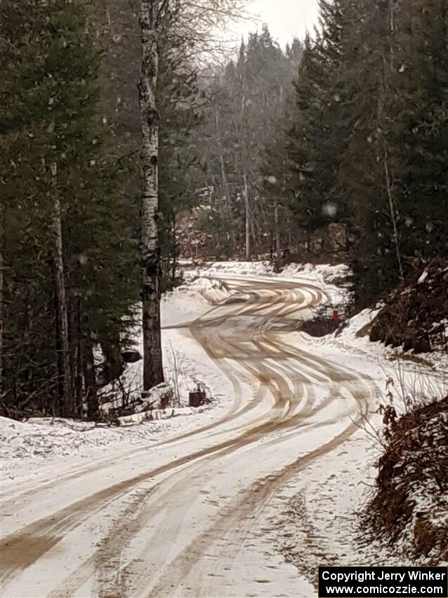 Road conditions started changing fast as the temperatures rose and the fresh snow melting before SS7, Hunters-McCormick Lake I.