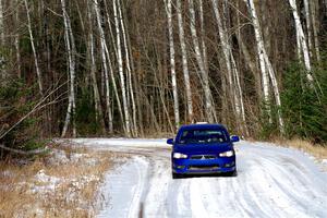 The '0' car, a Mitshibishi Lancer GTS, on SS1, Nemadji Trail East.