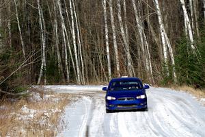 The '0' car, a Mitshibishi Lancer GTS, on SS1, Nemadji Trail East.