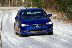 The '0' car, a Mitshibishi Lancer GTS, on SS1, Nemadji Trail East.