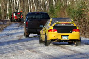 Steve Gingras / Katie Gingras Subaru Impreza is towed out of SS2, Nemadji Trail West, after DNF'ing.