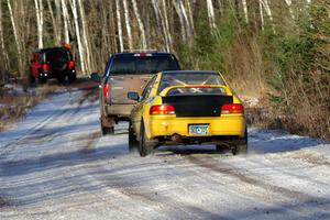 Steve Gingras / Katie Gingras Subaru Impreza is towed out of SS2, Nemadji Trail West, after DNF'ing.