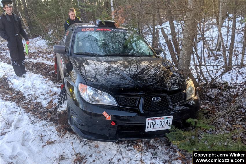 Jonah Becken / Peyton Reece Subaru Impreza 2.5i DNF'ed on SS2, Nemadji Trail West, after crashing into a tree.