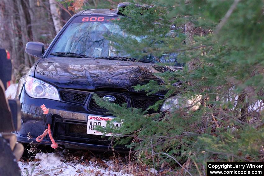 Jonah Becken / Peyton Reece Subaru Impreza 2.5i DNF'ed on SS2, Nemadji Trail West, after crashing into a tree.