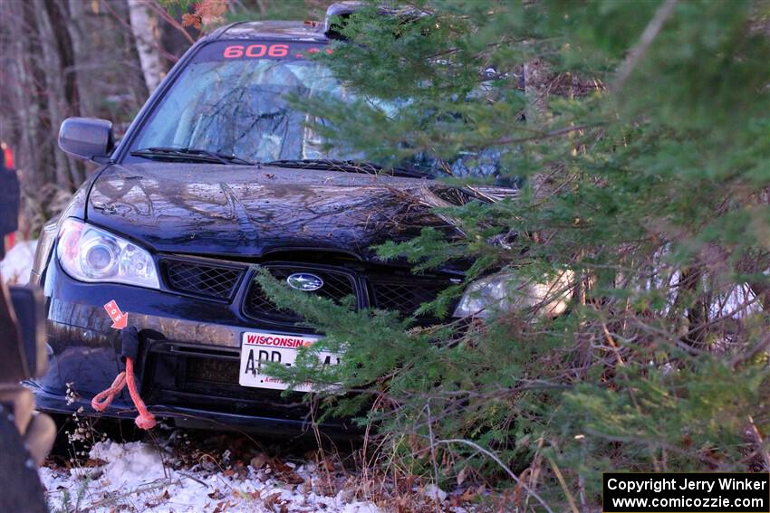 Jonah Becken / Peyton Reece Subaru Impreza 2.5i DNF'ed on SS2, Nemadji Trail West, after crashing into a tree.