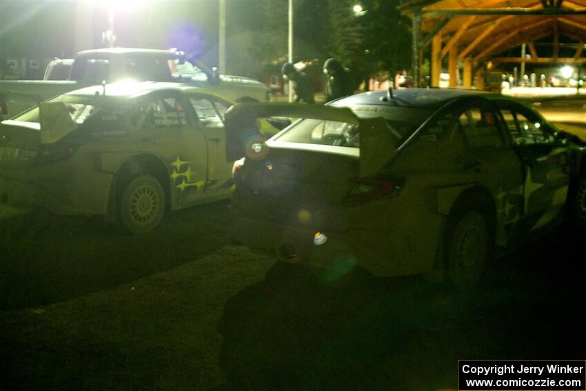 Brandon Semenuk / Keaton Williams Subaru WRX ARA24 and Travis Pastrana / Rhianon Gelsomino Subaru WRX ARA24s after the finish.