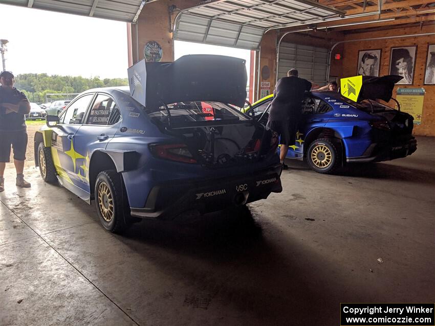 Travis Pastrana / Rhianon Gelsomino and Brandon Semenuk / Keaton Williams Subaru WRX ARA24s at tech inspection.