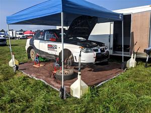 Jason Cook / Maggie Tu Subaru WRX before Friday's stages.