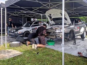 Peter Farrow / Ian Nelson Subaru WRX and John Farrow / Peter Farrow Subaru WRX before Friday's stages.