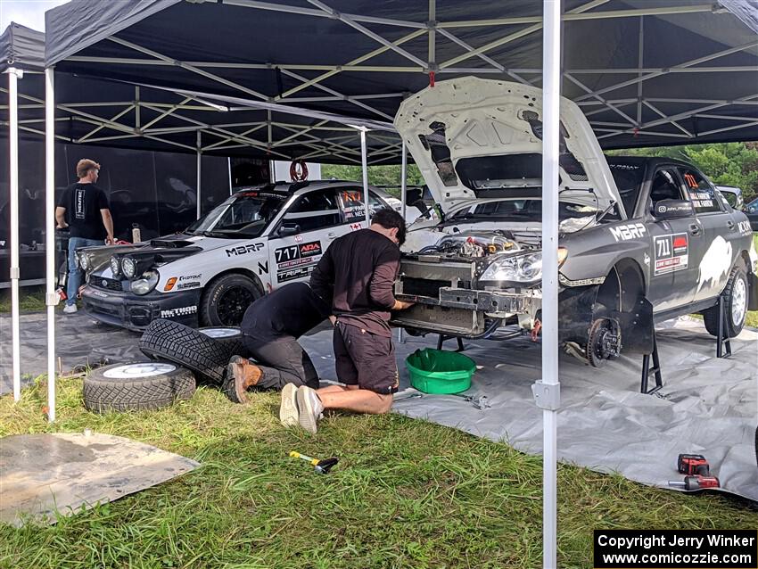 Peter Farrow / Ian Nelson Subaru WRX and John Farrow / Peter Farrow Subaru WRX before Friday's stages.