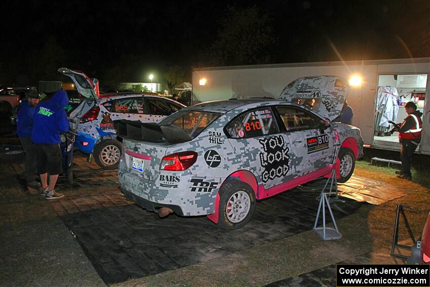 Brad Hayosh / Neil Moser Subaru WRX STi and Chris Cyr / Glen Ray Ford Fiesta ST at Sidnaw service after day one.