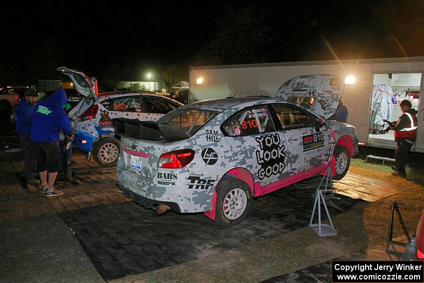 Brad Hayosh / Neil Moser Subaru WRX STi and Chris Cyr / Glen Ray Ford Fiesta ST at Sidnaw service after day one.