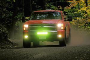 A Chevy Silverado sweeps SS16, Mount Marquette in preparation to re-start the stage.