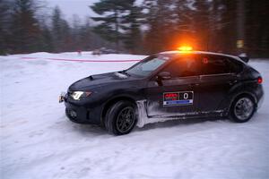 The '0' car, a Subaru WRX STi, on SS15, Shoreline-Sage Creek I.