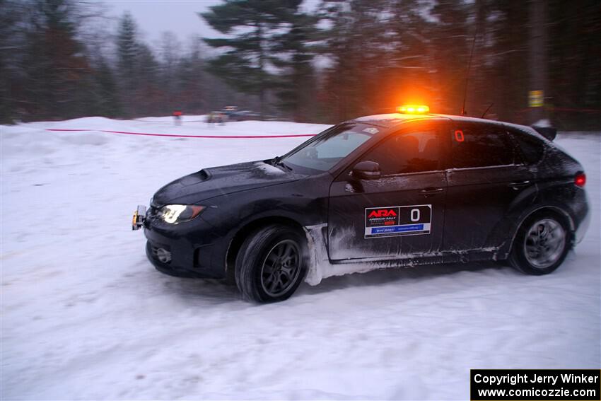 The '0' car, a Subaru WRX STi, on SS15, Shoreline-Sage Creek I.