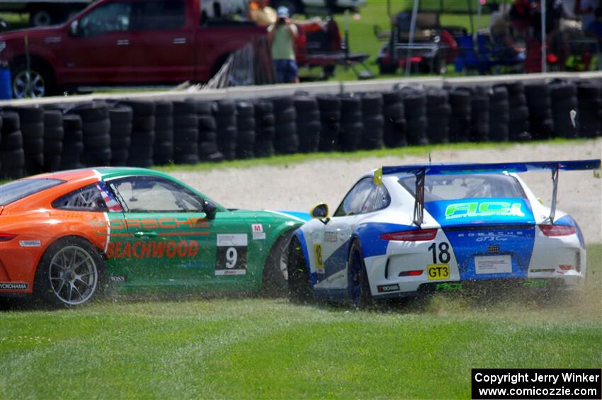 Richard Edge's and Tom Balames' Porsche GT3 Cups collide at turn 14 on the final lap.
