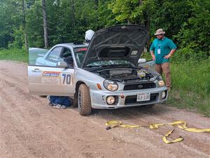 Noah Jacobson / Nathan Vance Subaru WRX was towed out of SS2, Skunk Creek.
