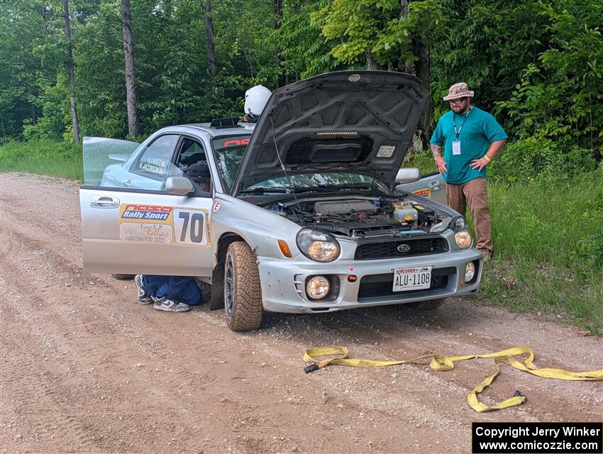 Noah Jacobson / Nathan Vance Subaru WRX was towed out of SS2, Skunk Creek.