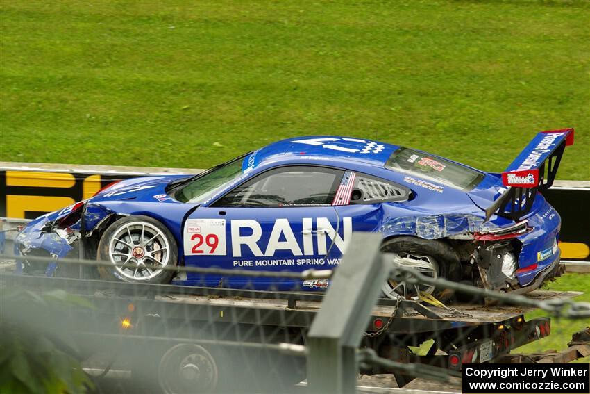 Jeffrey Majkrzak's Porsche GT3 Cup goes past on the flatbed.
