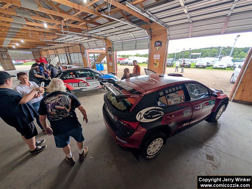 Conner Martell / Alex Gelsomino Skoda Fabia RS Rally2 and Roberto Yglesias / David Ma Audi A1 Maxx head through the tech line.