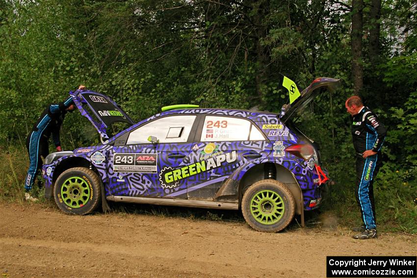 Patrick Gruszka / John Hall Hyundai i20 R5 is stalled by the side of the stage on SS11, Otterkill I.