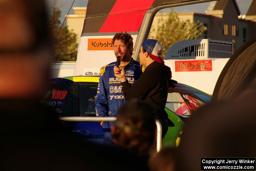 Travis Pastrana is interviewed on the winner's podium.