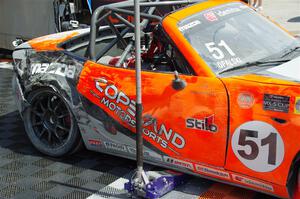 Maximilian Opalski's mazda MX-5 Cup back in the paddock with damage after race 1.