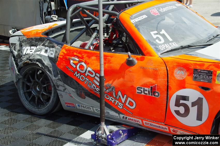 Maximilian Opalski's mazda MX-5 Cup back in the paddock with damage after race 1.