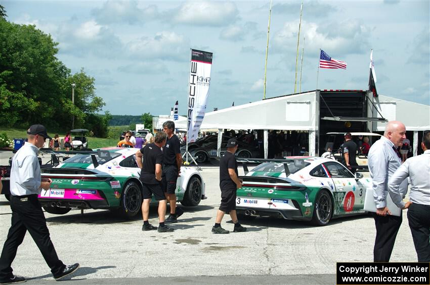 Michael McCarthy's and Kay van Berlo's Porsche GT3 Cups in the paddock.
