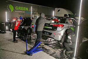 and Patrick Gruszka / Florian Barral Hyundai i20 Rally2s at Atlanta service after the first loop of stages.