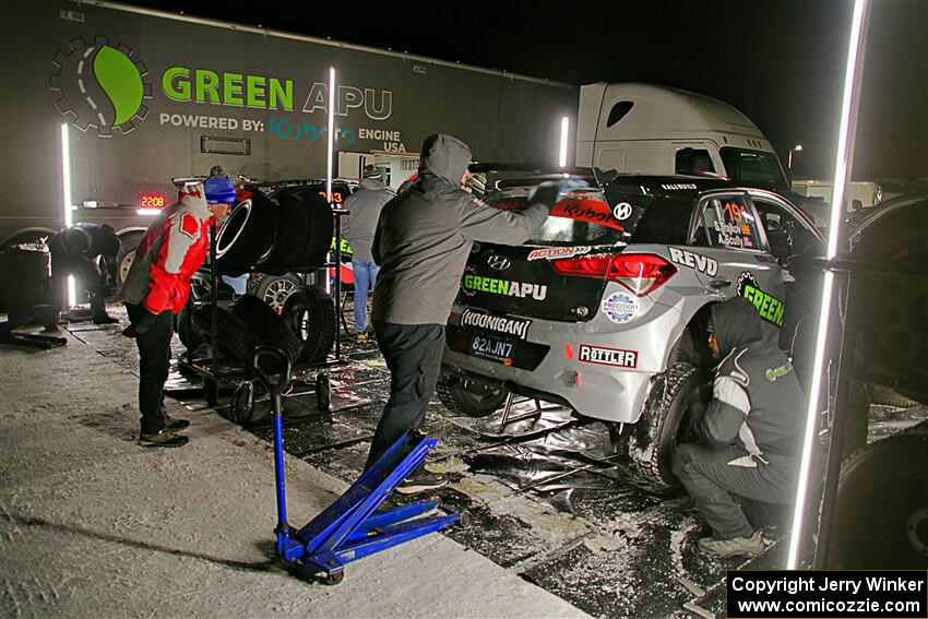 and Patrick Gruszka / Florian Barral Hyundai i20 Rally2s at Atlanta service after the first loop of stages.