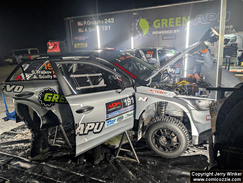 and Patrick Gruszka / Florian Barral Hyundai i20 Rally2s at Atlanta service after the first loop of stages.