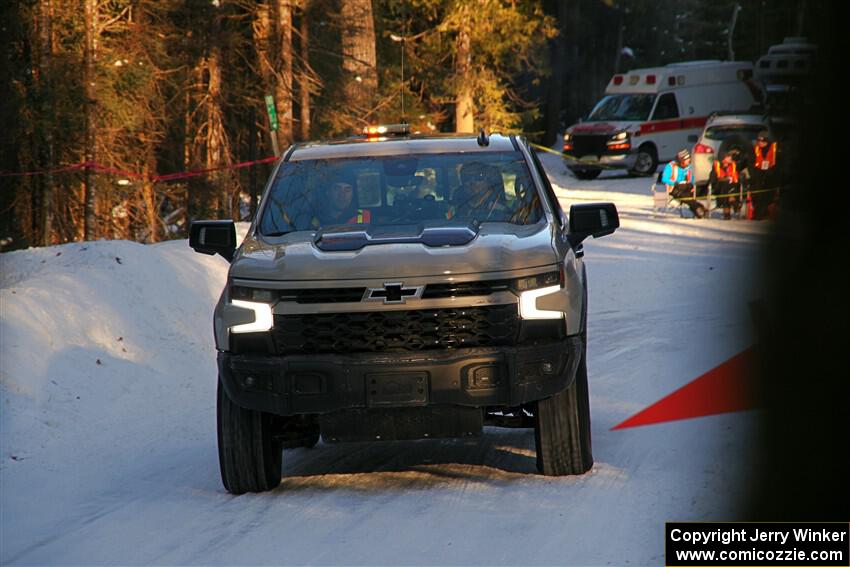 A Chevy Silverado pickup sweeps SS15, Agren-Hunters II.