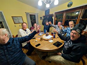 Having a post-rally toast at the rental house.