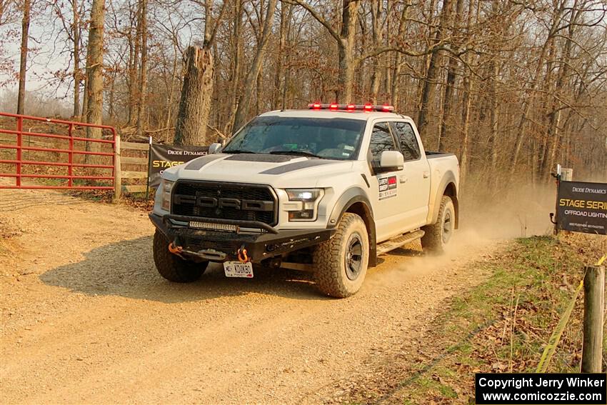 A Ford F-150 Raptor pickup sweeps SS9, KP to Ollie Long II.