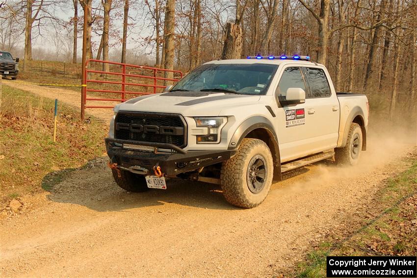 A Ford F-150 Raptor pickup sweeps SS9, KP to Ollie Long II.